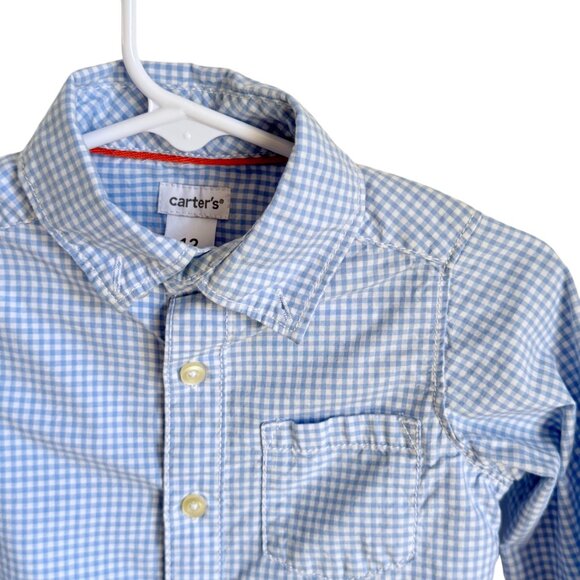 Carters Baby Boy Blue Gingham Long Sleeve Button-Down Dress Shirt 12M Cotton - Picture 3 of 5